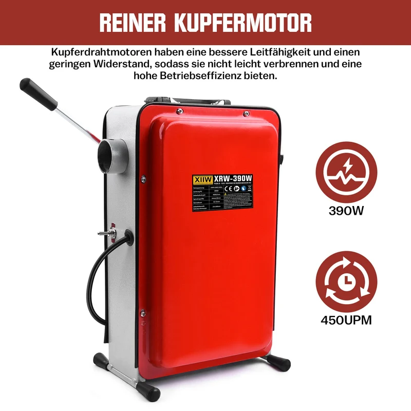 XIIW 390W Elektrische Rohrreinigungsmaschine | Abflussreiniger für Rohre Ø20-100mm | Profi Rohrreinigungsgerät inkl. 6 Bohrköpfe & 24m Spiralen-Set