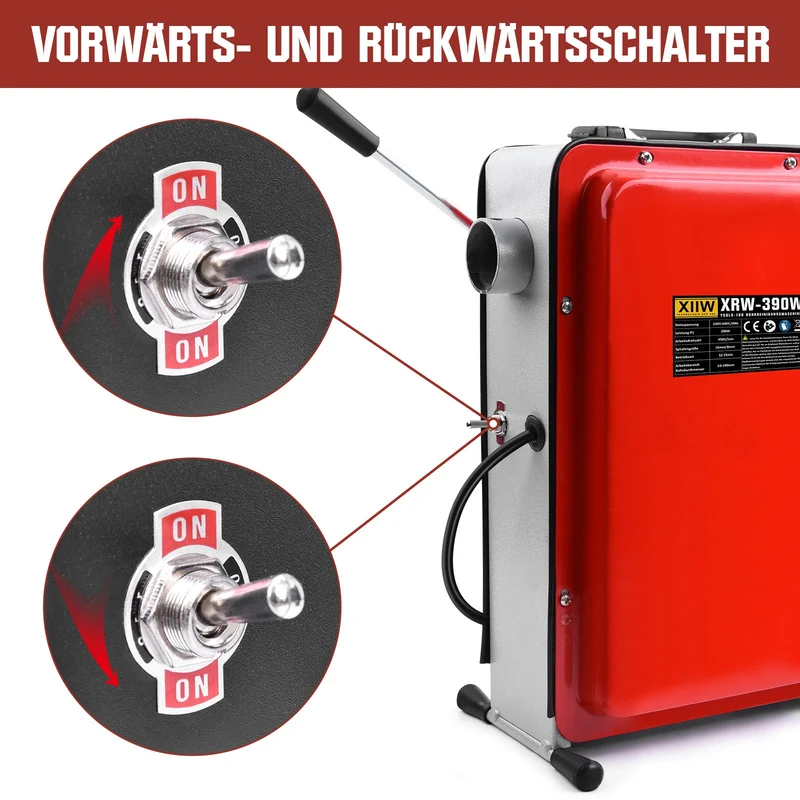 XIIW 390W Elektrische Rohrreinigungsmaschine | Abflussreiniger für Rohre Ø20-100mm | Profi Rohrreinigungsgerät inkl. 6 Bohrköpfe & 24m Spiralen-Set