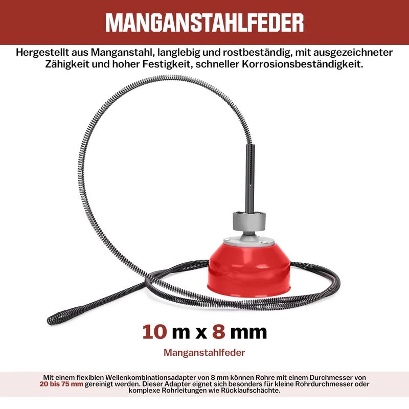 XIIW 390W Elektrische Rohrreinigungsmaschine | Abflussreiniger für Rohre Ø20-100mm | Profi Rohrreinigungsgerät inkl. 6 Bohrköpfe & 24m Spiralen-Set