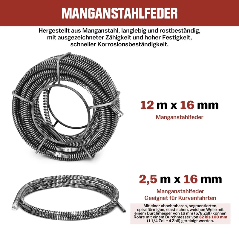 XIIW 390W Elektrische Rohrreinigungsmaschine | Abflussreiniger für Rohre Ø20-100mm | Profi Rohrreinigungsgerät inkl. 6 Bohrköpfe & 24m Spiralen-Set