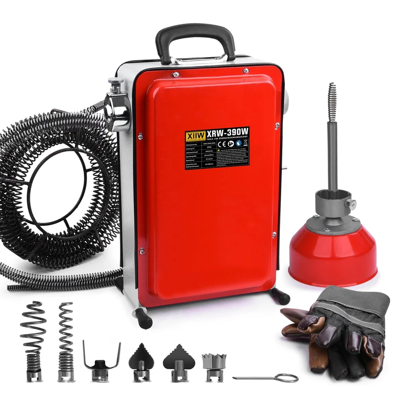 XIIW 390W Elektrische Rohrreinigungsmaschine | Abflussreiniger für Rohre Ø20-100mm | Profi Rohrreinigungsgerät inkl. 6 Bohrköpfe & 24m Spiralen-Set
