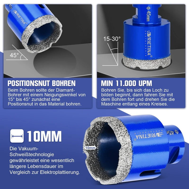 XIIW Diamantbohrkrone M14 für Winkelschleifer | Profi Fliesenbohrer Vakuumgelötet | Trockenbohrkrone für Feinsteinzeug, Granit & Beton