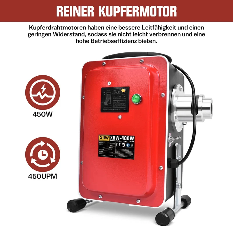 XIIW 400W Elektrische Rohrreinigungsmaschine mit FI-Schutzschalter | Abflussreiniger für Ø30-100mm Rohre | Profi-Set inkl. 8 Bohrköpfe & 24m Spiralen