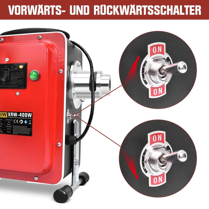 XIIW 400W Elektrische Rohrreinigungsmaschine mit FI-Schutzschalter | Abflussreiniger für Ø30-100mm Rohre | Profi-Set inkl. 8 Bohrköpfe & 24m Spiralen