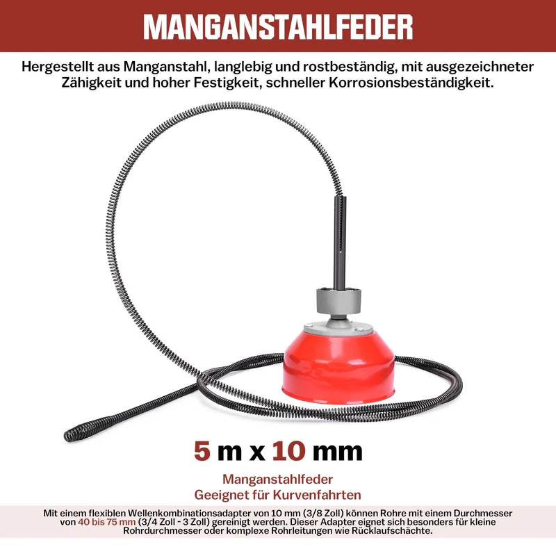XIIW 400W Elektrische Rohrreinigungsmaschine mit FI-Schutzschalter | Abflussreiniger für Ø30-100mm Rohre | Profi-Set inkl. 8 Bohrköpfe & 24m Spiralen