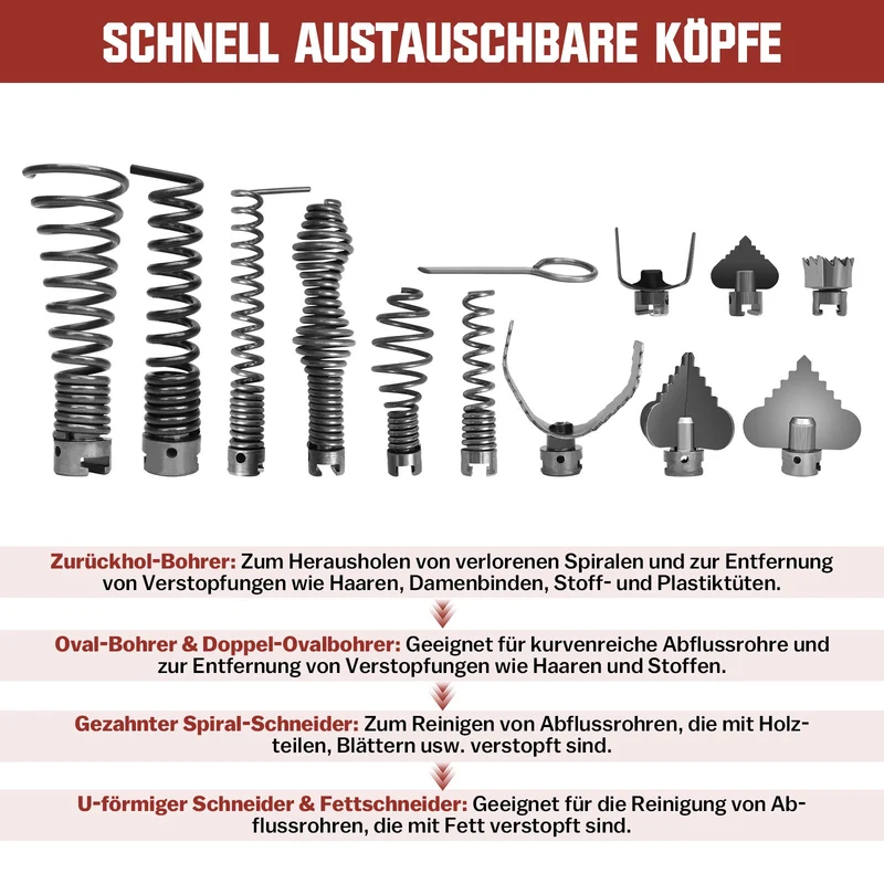850W Rohrreinigungsmaschine mit 14m Ø22mm,14.5m Ø16mm, 5m Ø10mm Spirale für Ø20-200mm Rohrleitungen 450U/M
