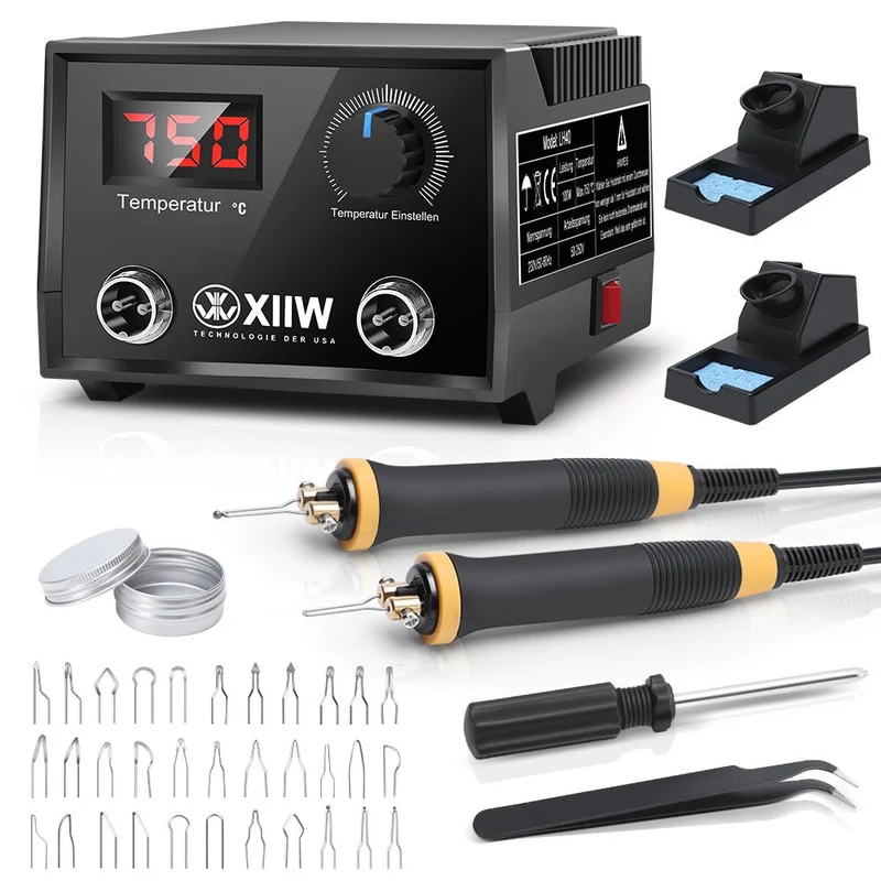 XIIW Pyrographie Set 100W mit 33 Brennspitzen, digitale Brandmalstation 0–750°C, Holzgravur Gerät für Holz, Leder, Kork und Bastelarbeiten