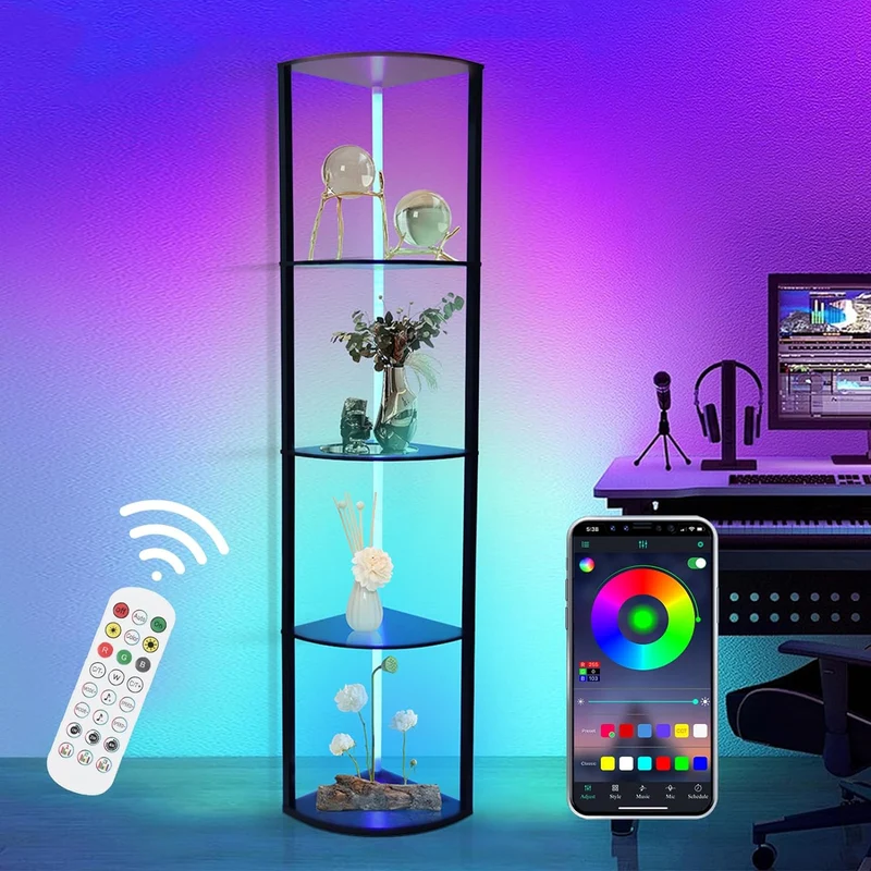 XIIW 5-Etagen Eckregal mit LED-Beleuchtung | 162cm Hocher Eckschrank mit App-Steuerung | RGB Farbewechsel Vitrine für Wohnzimmer & Büro