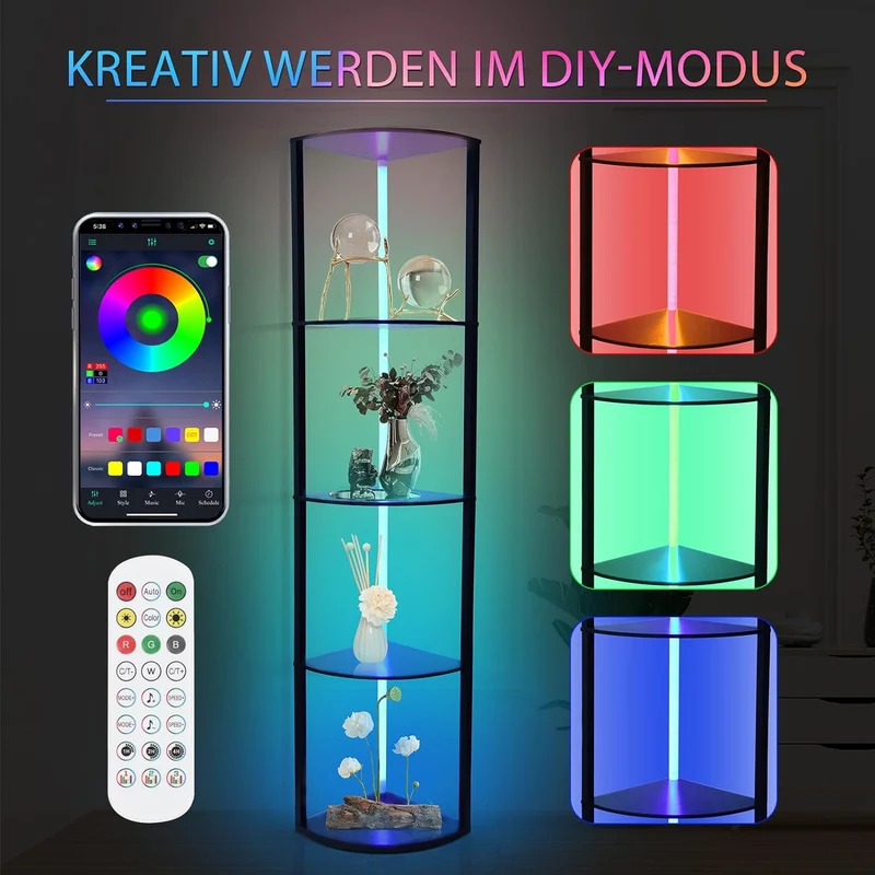 XIIW 5-Etagen Eckregal mit LED-Beleuchtung | 162cm Hocher Eckschrank mit App-Steuerung | RGB Farbewechsel Vitrine für Wohnzimmer & Büro
