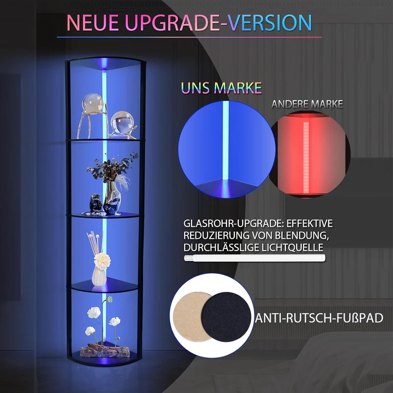 XIIW 5-Etagen Eckregal mit LED-Beleuchtung | 162cm Hocher Eckschrank mit App-Steuerung | RGB Farbewechsel Vitrine für Wohnzimmer & Büro