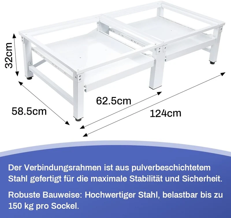 XIIW Doppel-Waschmaschinensockel mit 2 Ausziehablagen – 124 × 58,5 × 32 cm, Metall-Untergestell für 2 Geräte, bis 300 kg