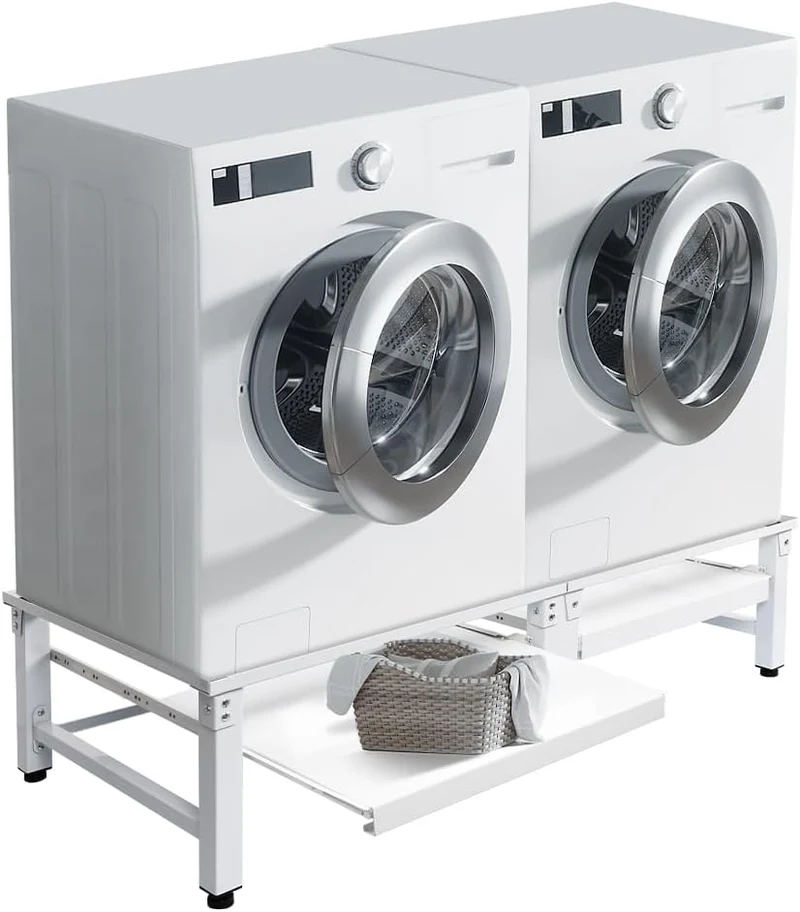 XIIW Doppel-Waschmaschinensockel mit 2 Ausziehablagen – 124 × 58,5 × 32 cm, Metall-Untergestell für 2 Geräte, bis 300 kg