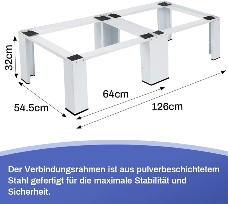 XIIW Doppel-Waschmaschinensockel 126 × 54,5 × 32 cm – Metall-Untergestell für 2 Geräte, bis 300 kg, mit Antirutsch-Pads