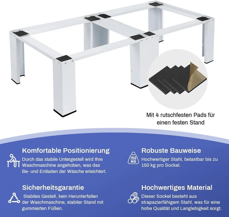 XIIW Doppel-Waschmaschinensockel 126 × 54,5 × 32 cm – Metall-Untergestell für 2 Geräte, bis 300 kg, mit Antirutsch-Pads