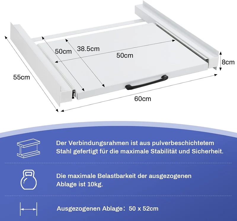 XIIW Waschmaschinen-Zwischenbaurahmen mit Ausziehablage und 5-m-Spanngurt – 60 × 55 cm, bis 100 kg, für Waschmaschine und Trockner