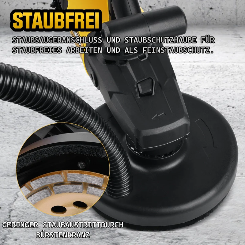 XIIW Betonschleifer mit 180 mm Schleiftopf – Rollengeführter Sanierungsschleifer mit Staubabsaugung, 6 Drehzahlstufen