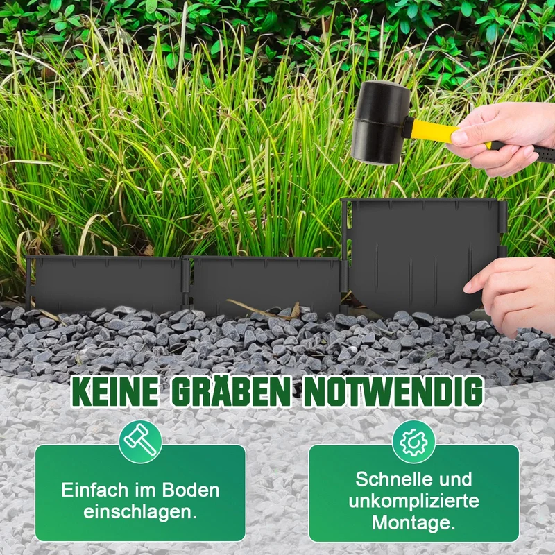 XIIW Rasenkante Kunststoff 10,7 m, 72-teilig, flexible Beeteinfassung zum Einschlagen, PA66 GF30 für Rasen, Beet und Kies