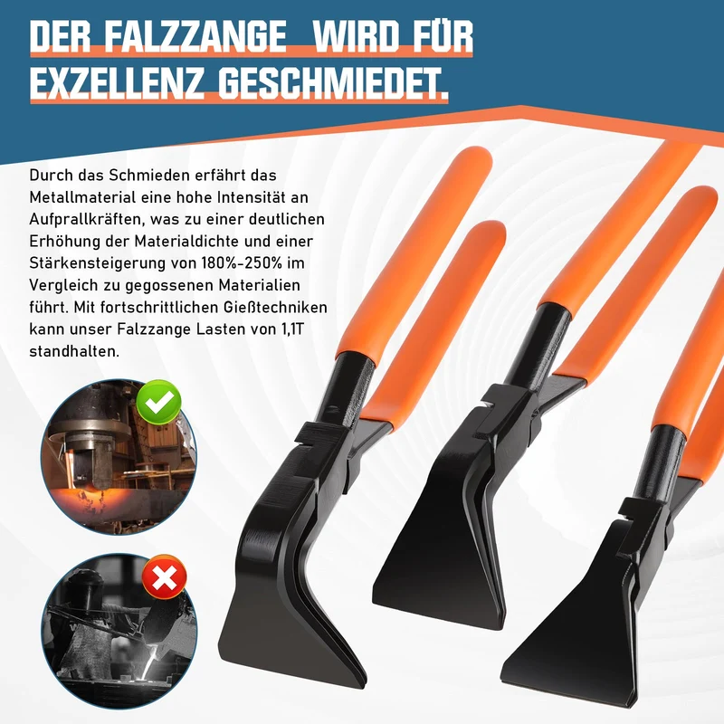 Falzzangen Set – 3-teilig, 150 mm, 200 kg Tragfähigkeit, Korrosionsbeständig, Schmiedetec