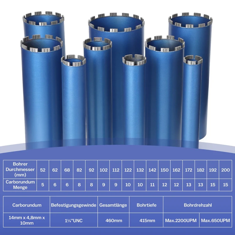 Diamantbohrkrone mit 10mm Turbosegment | 1 ¼ UNC Aufnahme | Nutzlänge 415 mm | Ø 52 mm-Ø 200 mm |