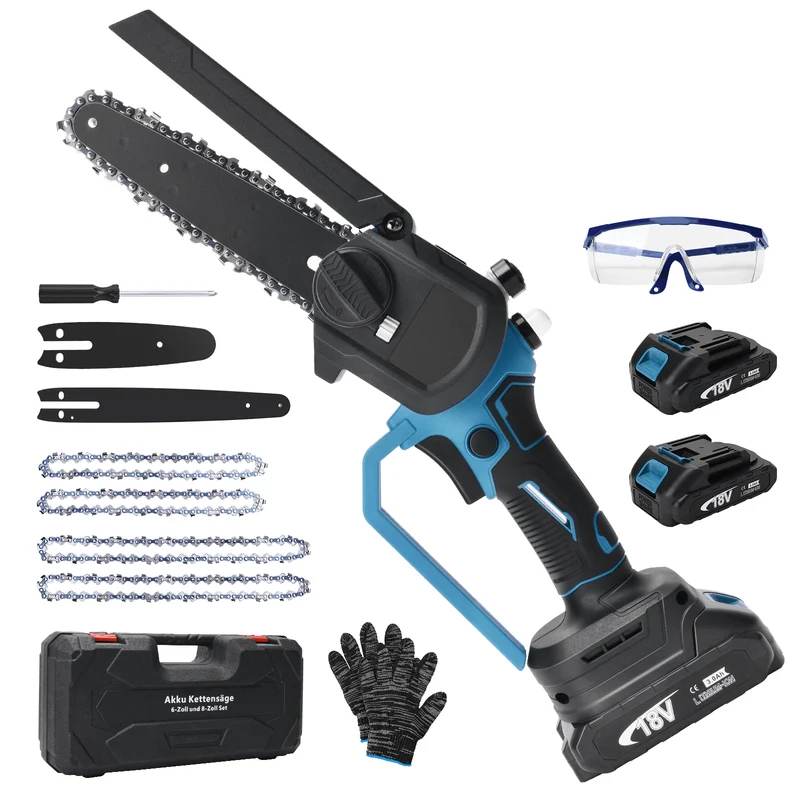 XIIW Akku Mini-Kettensäge 6 & 8 Zoll, bürstenlos, 12 m/s, 2×2,0 Ah Akku, Kettenschmierung, 4 Ketten, Koffer