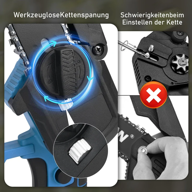 XIIW Akku Mini-Kettensäge 6 & 8 Zoll, bürstenlos, 12 m/s, 2×2,0 Ah Akku, Kettenschmierung, 4 Ketten, Koffer