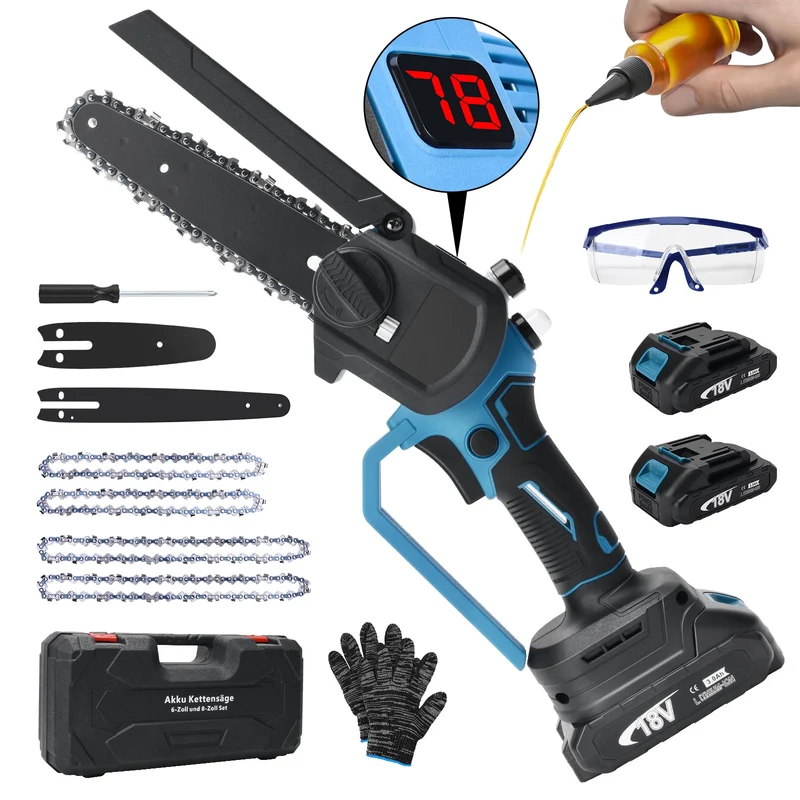XIIW Akku Mini-Kettensäge 6 & 8 Zoll, bürstenlos, 12 m/s, 2×2,0 Ah Akku, Kettenschmierung, 4 Ketten, Koffer