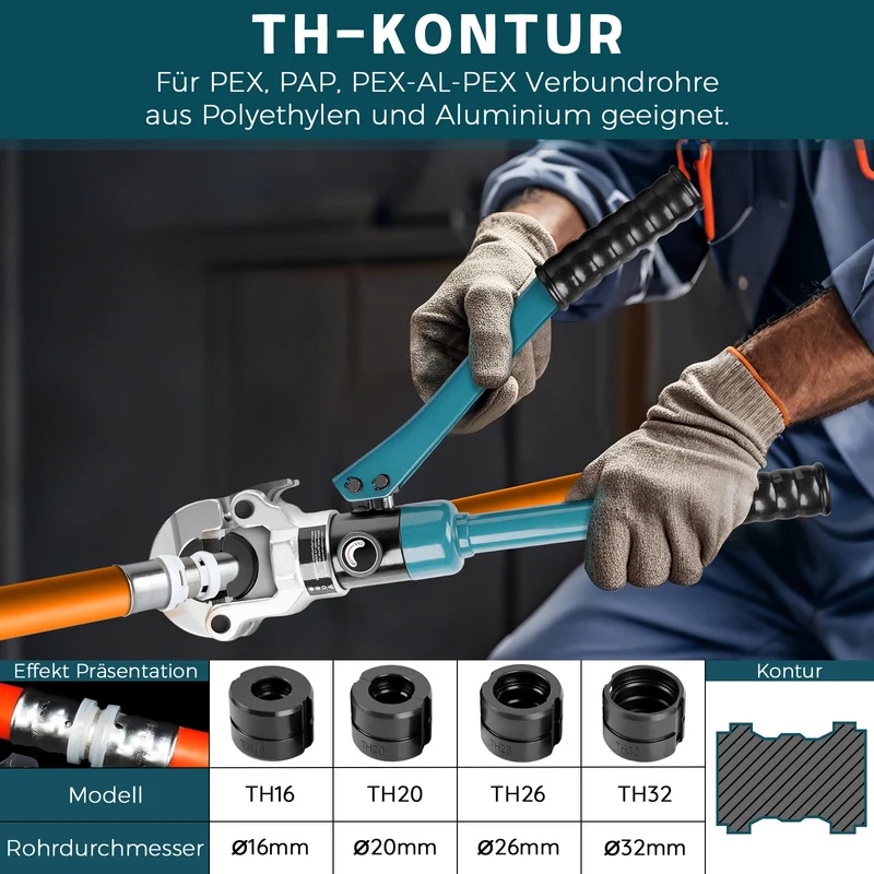 XIIW Hydraulische Rohrpresszange 100kN | Presszange für Verbundrohr & Kupfer | TH 16-32 & V 12-28 Kontur | Profi Presswerkzeug-Set