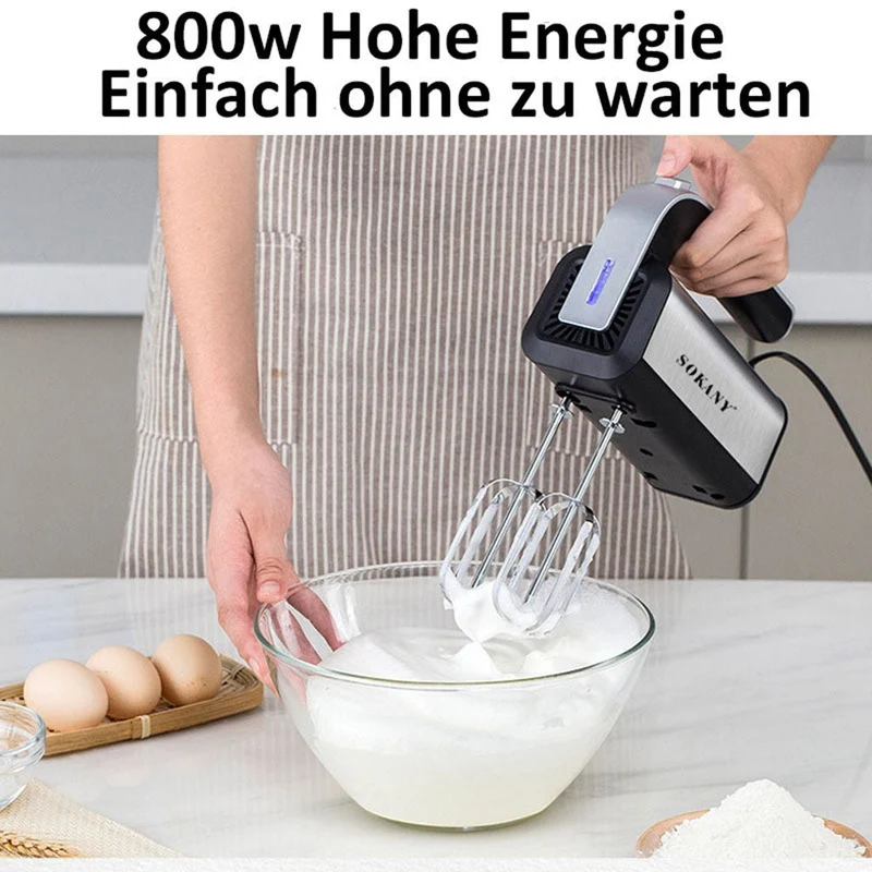XIIW Elektrischer Handmixer 800W Edelstahl | 5 Geschwindigkeiten Handrührgerät mit Auswurftaste | 800 Watt Schneebesen & Knethaken Set