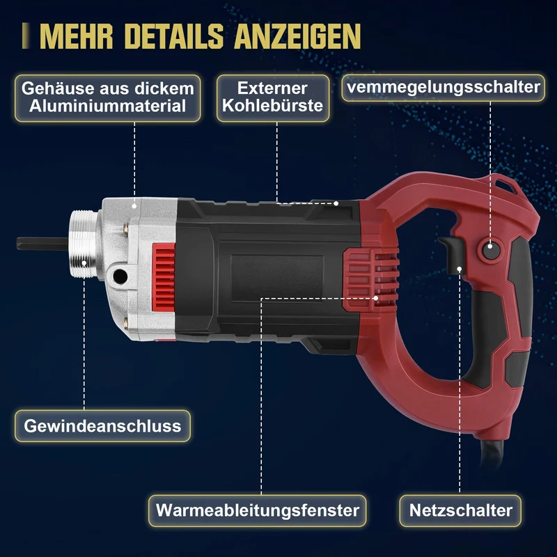 1800W Akku Betonrüttler für Baustelle – Hochleistungsbetonvibrator mit 2m Schlauch und 35mm Vibrationskopf