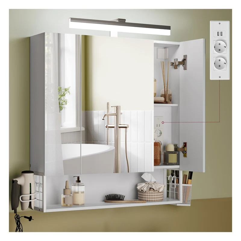 Badschrank mit Steckdosen und 3 Türen wolkenweiß