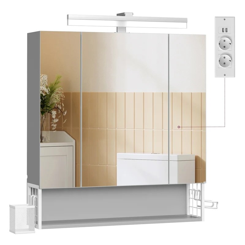 Badschrank mit Steckdosen und 3 Türen wolkenweiß