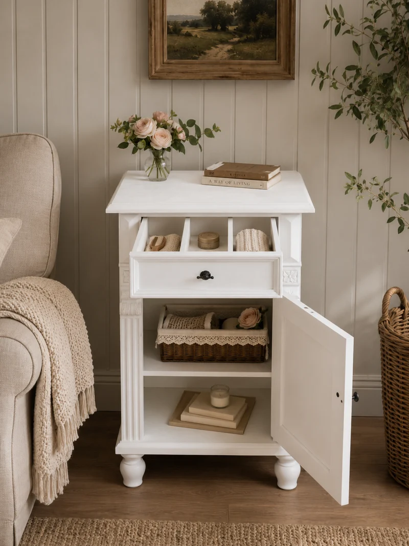 "Bellevue" kleine, weiße Beistellkommode im Landhausstil 45 cm