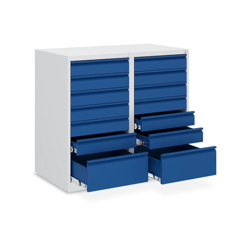Schubladenschrank (900 mm hoch) mit 14-Schubladen in Lichtgrau