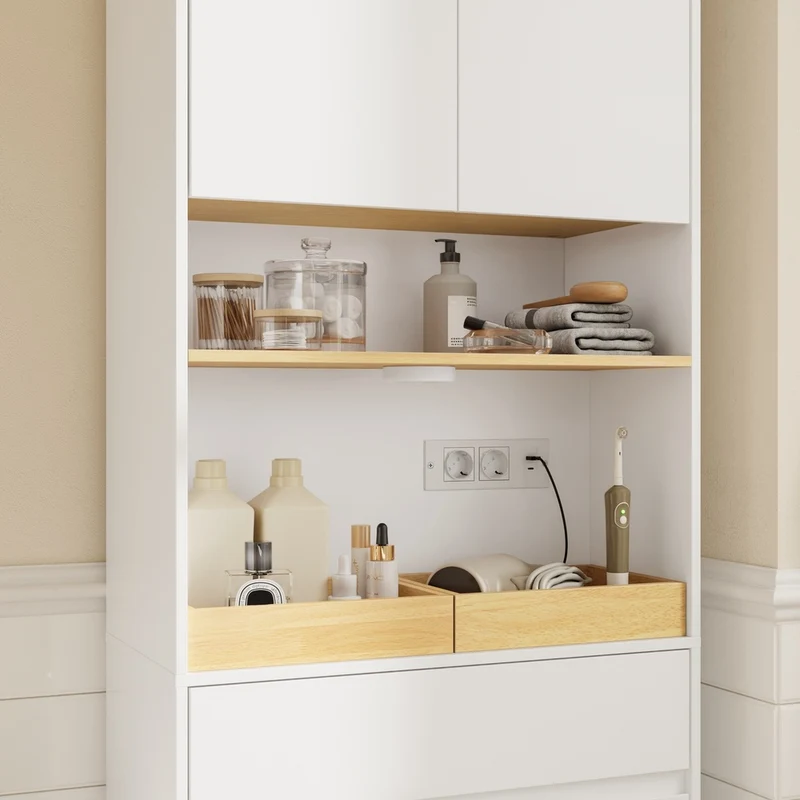 SoBuy | Badezimmer Hochschrank | Badezimmerschrank schmal mit Wäschekorb | Weiß | BZR241-E-W
