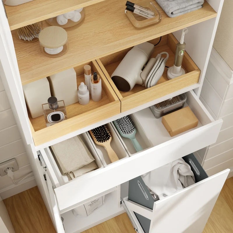 SoBuy | Badezimmer Hochschrank | Badezimmerschrank schmal mit Wäschekorb | Weiß | BZR241-E-W