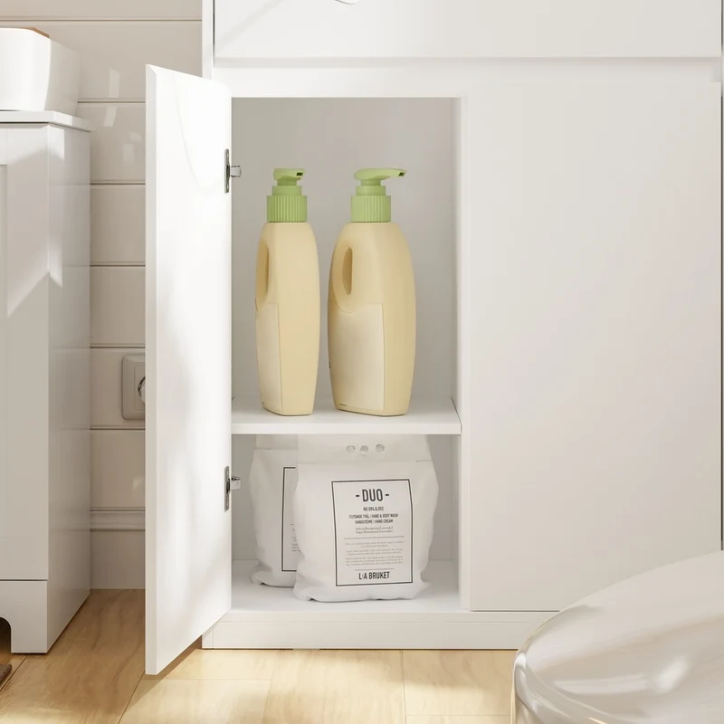 SoBuy | Badezimmer Hochschrank | Badezimmerschrank schmal mit Wäschekorb | Weiß | BZR241-E-W