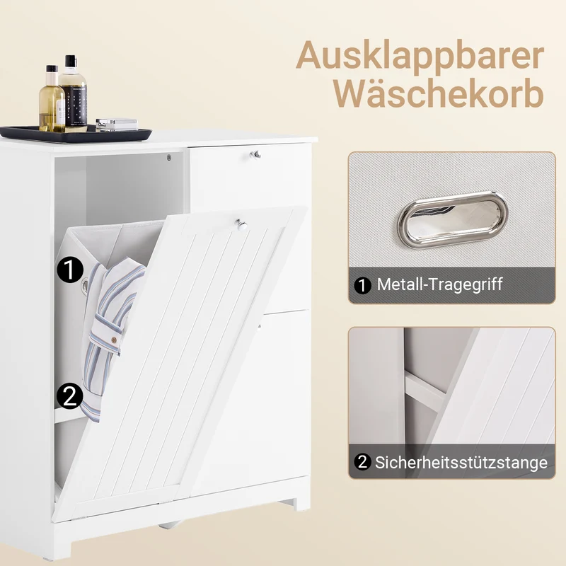 SoBuy | Badezimmerschrank | mit 1 großem Wäschesammler | 2 herausnehmbaren kleinen Stoffkörben | Wäschekorb Weiß | BZR213-W