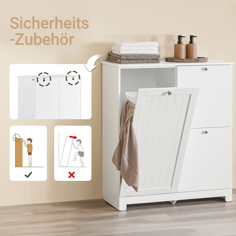 SoBuy | Badezimmerschrank | mit 1 großem Wäschesammler | 2 herausnehmbaren kleinen Stoffkörben | Wäschekorb Weiß | BZR213-W
