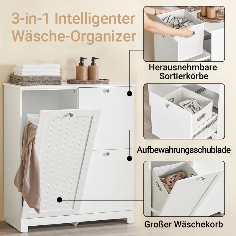 SoBuy | Badezimmerschrank | mit 1 großem Wäschesammler | 2 herausnehmbaren kleinen Stoffkörben | Wäschekorb Weiß | BZR213-W