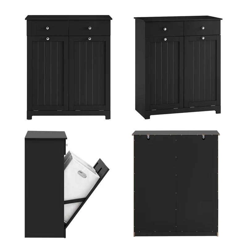 SoBuy | Wäscheschrank mit 2 Wäschesäcke | Wäschesammler | Wäschekorb | Schwarz | BZR33-II-SCH
