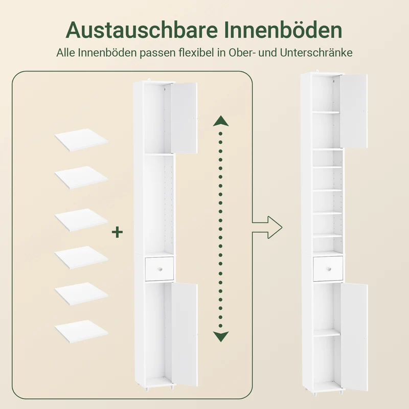 SoBuy | Badhochschrank | mit Verstellbare Ablagen schmal | Weiß | 20x180x20cm | BZR34-II-W