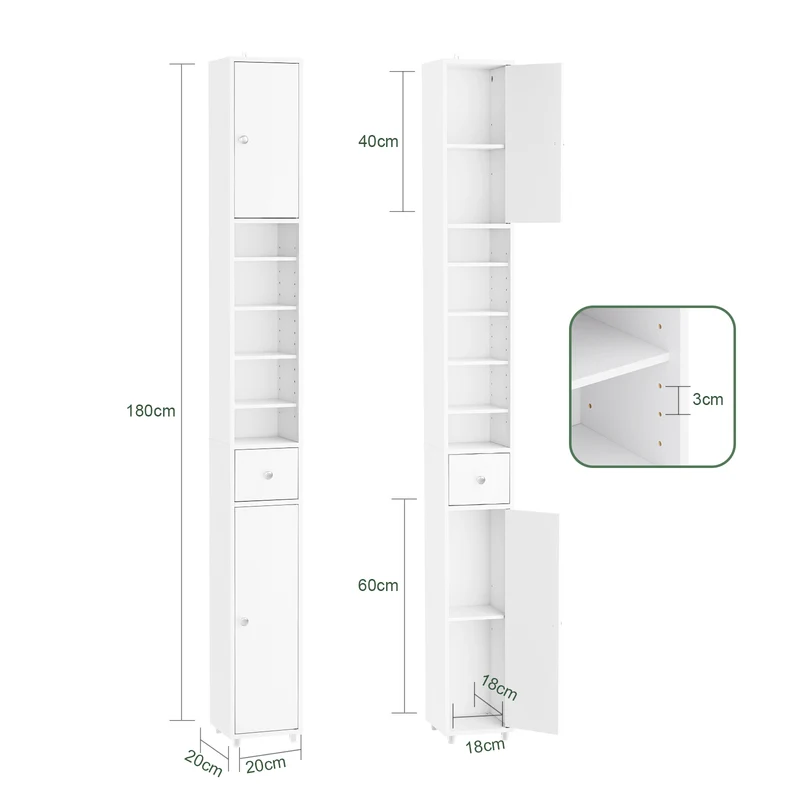 SoBuy | Badhochschrank | mit Verstellbare Ablagen schmal | Weiß | 20x180x20cm | BZR34-II-W