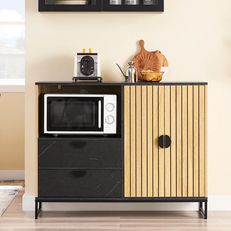 SoBuy Küchenschrank Sideboard Kommode mit Mikrowellenfach (Ø6 cm) | Eiche-Schwarz | FSB103-N