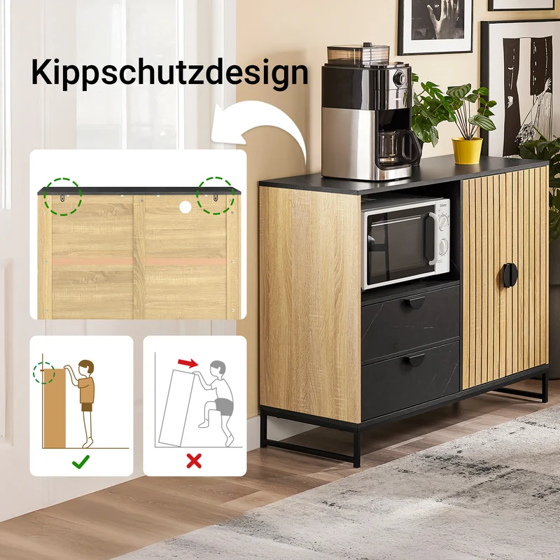 SoBuy Küchenschrank Sideboard Kommode mit Mikrowellenfach (Ø6 cm) | Eiche-Schwarz | FSB103-N