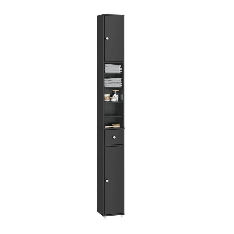 SoBuy | Bad Hochschrank | mit Verstellbare Ablagen schmal | Schwarz | 20x180x20cm | BZR34-II-SCH
