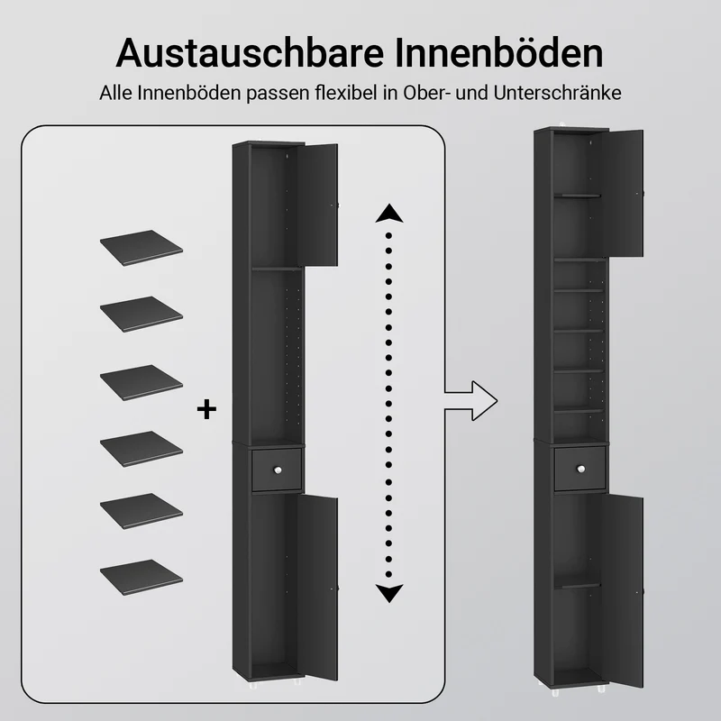 SoBuy | Bad Hochschrank | mit Verstellbare Ablagen schmal | Schwarz | 20x180x20cm | BZR34-II-SCH