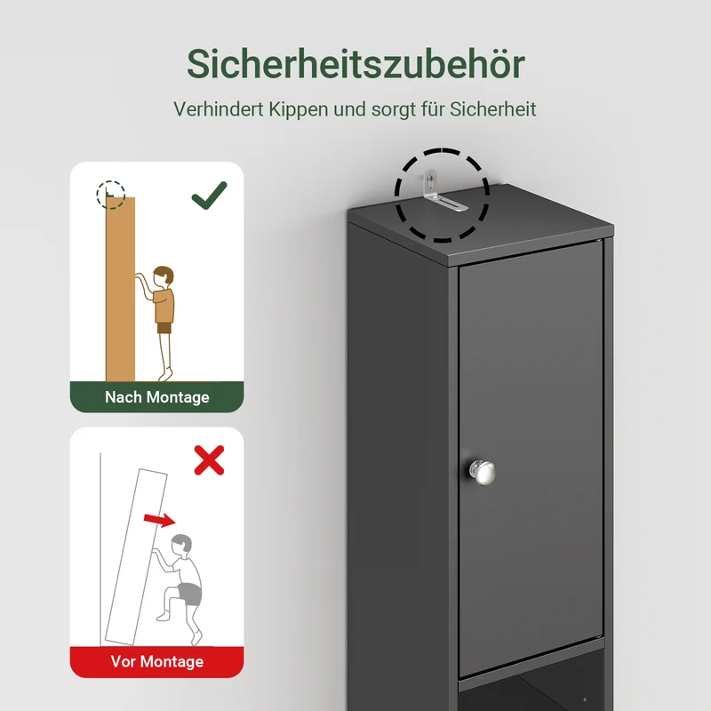 SoBuy | Bad Hochschrank | mit Verstellbare Ablagen schmal | Schwarz | 20x180x20cm | BZR34-II-SCH
