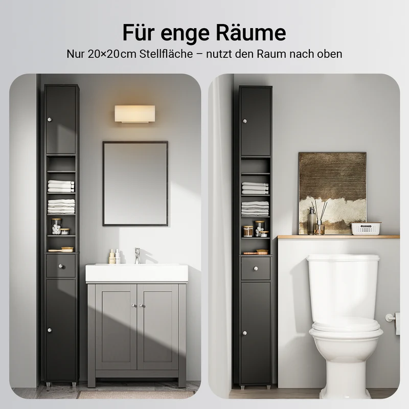 SoBuy | Bad Hochschrank | mit Verstellbare Ablagen schmal | Schwarz | 20x180x20cm | BZR34-II-SCH