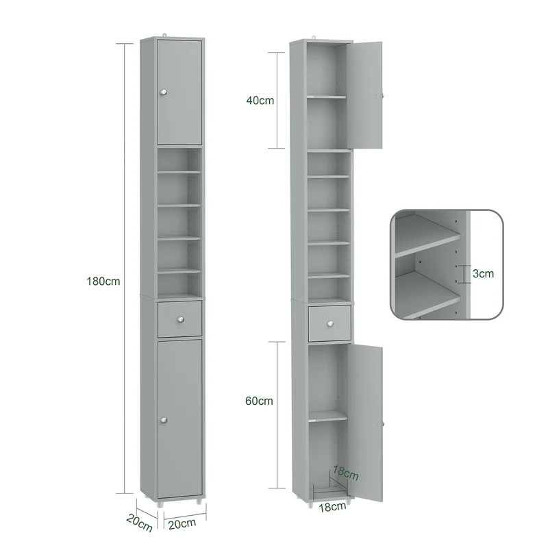 SoBuy | Bad Hochschrank | mit Verstellbare Ablagen schmal | Hellgrau | 20x180x20cm | BZR34-II-HG
