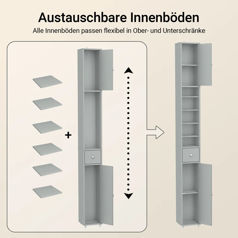 SoBuy | Bad Hochschrank | mit Verstellbare Ablagen schmal | Hellgrau | 20x180x20cm | BZR34-II-HG